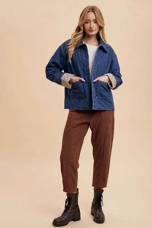 Annie Wear Quilted Printed Lining Snap Down Denim Jacket - Shop Style & More | Fresh Looks, Everyday Deals & Free Shipping