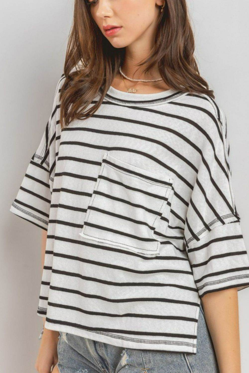 Ces Femme Side Slit Striped Round Neck Half Sleeve T-Shirt - Shop Style & More | Fresh Looks, Everyday Deals & Free Shipping