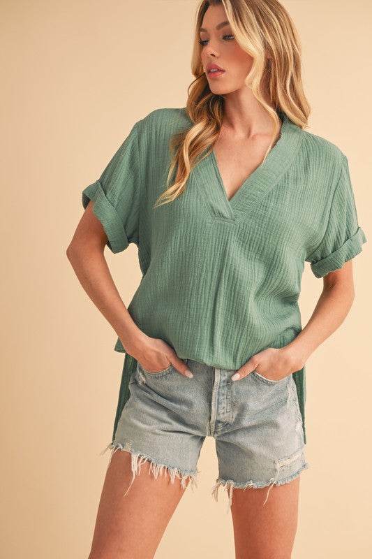 Aemi + Co Side Slit V-Neck Short Sleeve Blouse - Shop Style & More | Fresh Looks, Everyday Deals & Free Shipping