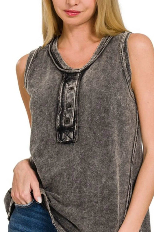 Zenana Washed Half-Button Raw Edge Sleeveless Henley Top - Shop Style & More | Fresh Looks, Everyday Deals & Free Shipping