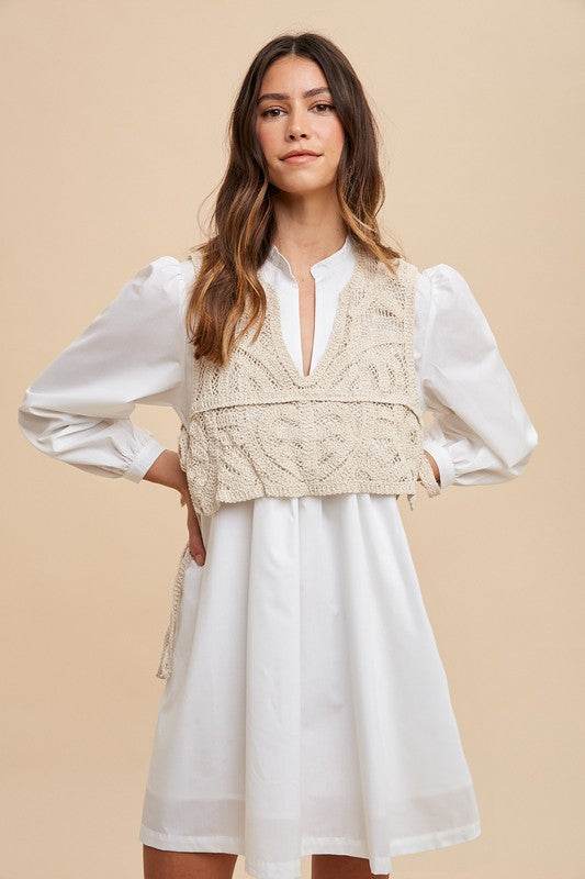 Annie Wear Crochet Vest Shirt Dress with Notched Long Sleeves - Shop Style & More | Fresh Looks, Everyday Deals & Free Shipping