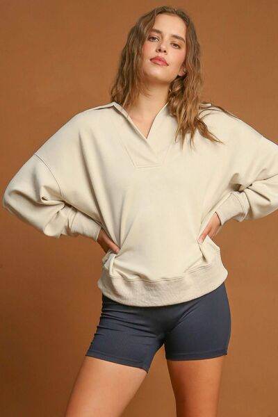 Umgee Johnny Collar Dropped Shoulder Sweatshirt - Shop Style & More | Fresh Looks, Everyday Deals & Free Shipping