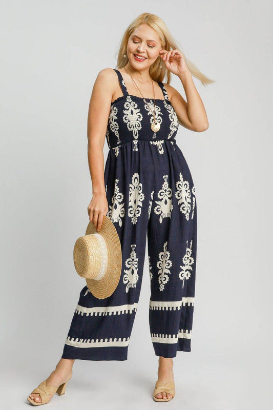 Umgee Full Size Smocked Printed Wide Leg Jumpsuit Plus Size - Shop Style & More | Fresh Looks, Everyday Deals & Free Shipping