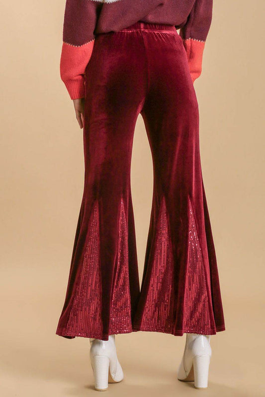 Umgee Full Size Sequin Elastic Waist Velvet Stretch Flare Leg Pants Plus Size - Shop Style & More | Fresh Looks, Everyday Deals & Free Shipping