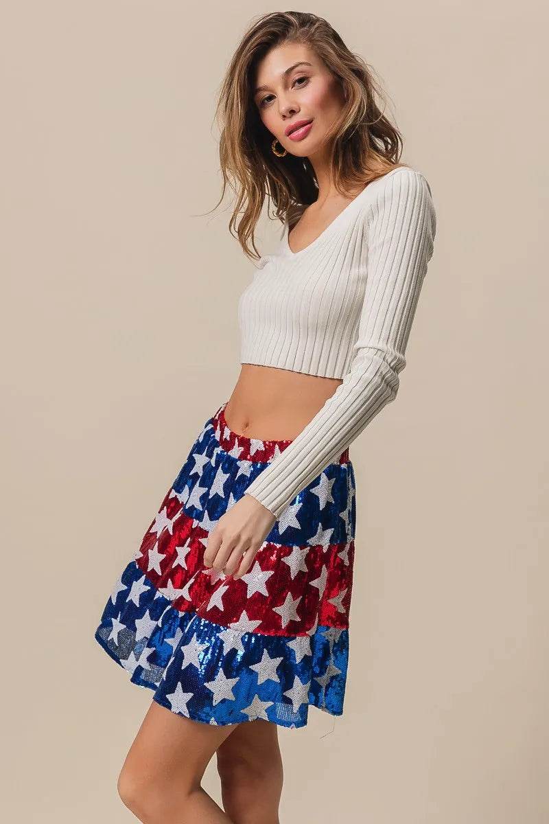 BiBi American Flag Theme Star Sequin Tiered Skirt - Shop Style & More | Fresh Looks, Everyday Deals & Free Shipping