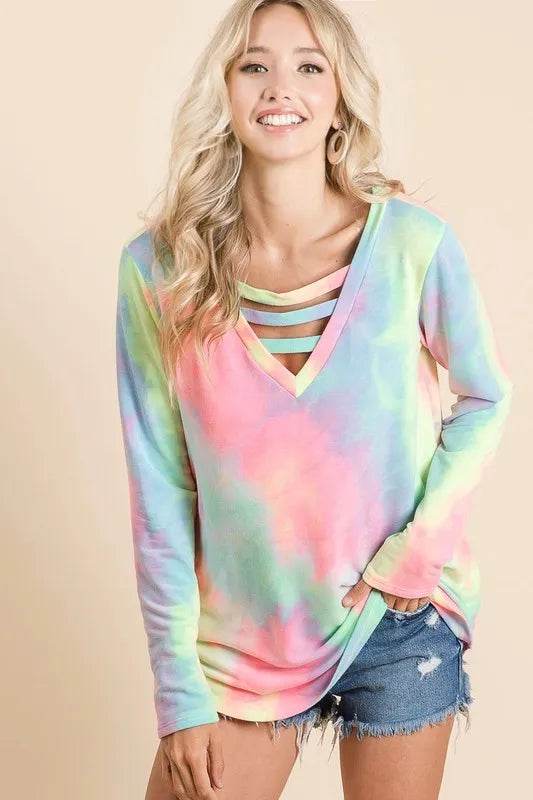 BiBi Tie Dye French Terry V-Neck Top with Strapped - Shop Style & More | Fresh Looks, Everyday Deals & Free Shipping