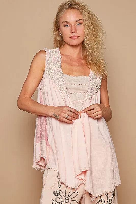 POL Embroidered Pearls Open Front Sleeveless Cardigan - Shop Style & More | Fresh Looks, Everyday Deals & Free Shipping