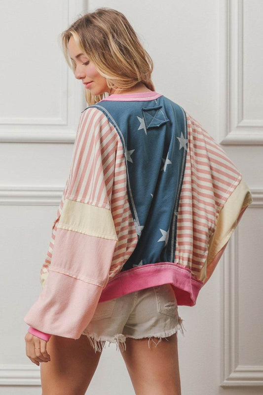 BiBi Stars and Stripes Round Neck Long Sleeve Top - Shop Style & More | Fresh Looks, Everyday Deals & Free Shipping