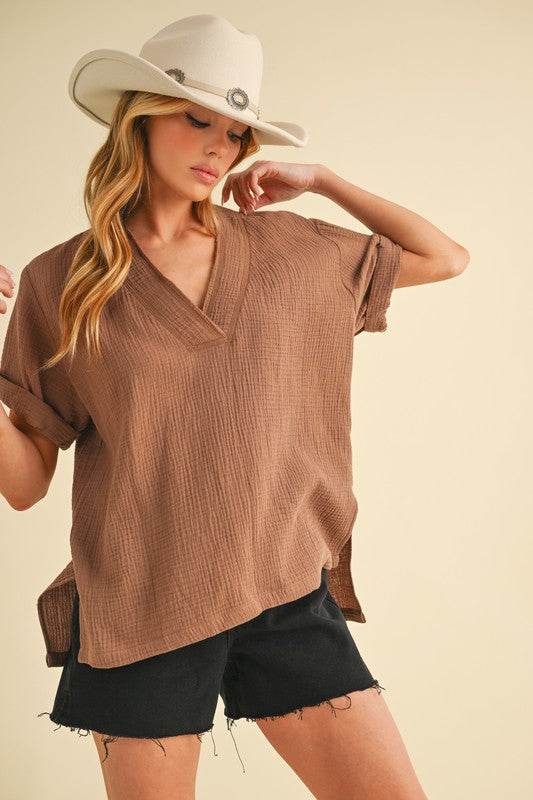Aemi + Co Side Slit V-Neck Short Sleeve Blouse - Shop Style & More | Fresh Looks, Everyday Deals & Free Shipping