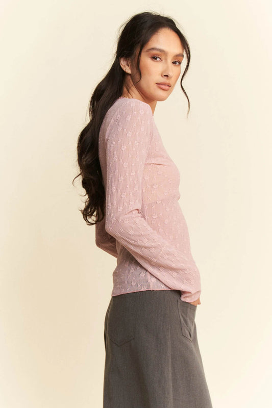Davi & Dani Long Sleeve Sheer Small Embroidered Bows Lace Top - Shop Style & More | Fresh Looks, Everyday Deals & Free Shipping