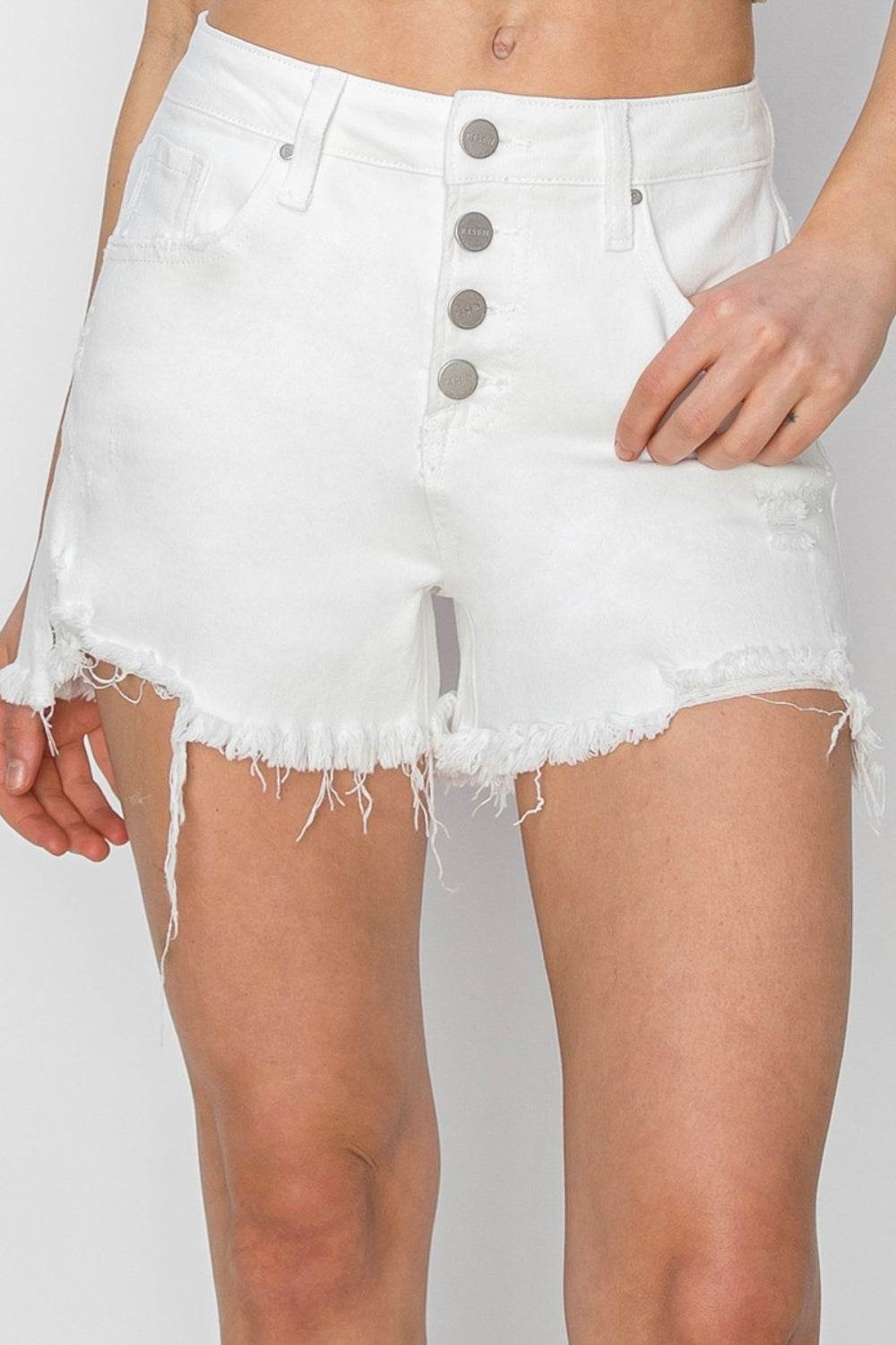 RISEN Button Fly Frayed Hem Denim Shorts - Shop Style & More | Fresh Looks, Everyday Deals & Free Shipping