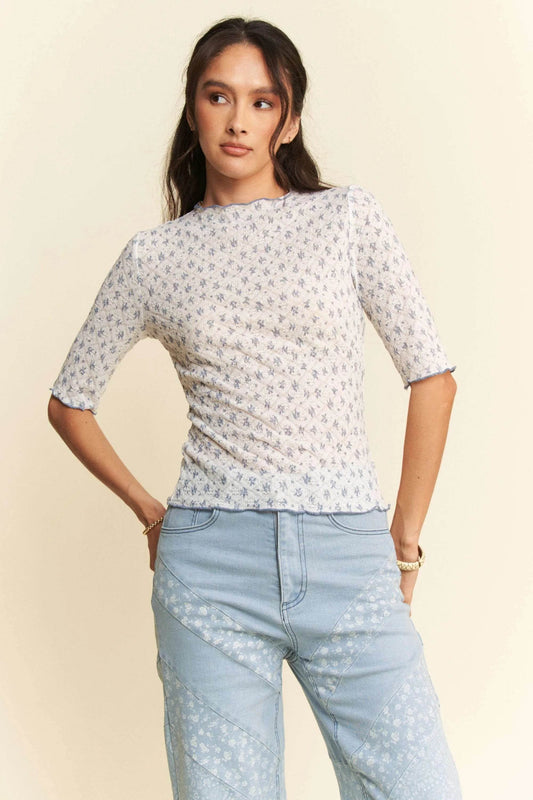 Davi & Dani Lace Stretch Floral Marrow Edge Half Sleeve Top - Shop Style & More | Fresh Looks, Everyday Deals & Free Shipping