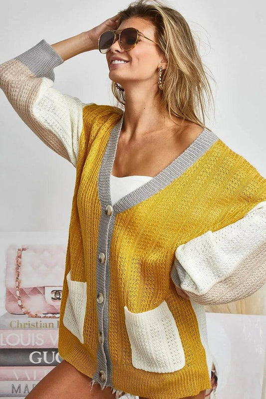 BiBi Color Block Sweater Cardigan with Button Closure - Shop Style & More | Fresh Looks, Everyday Deals & Free Shipping