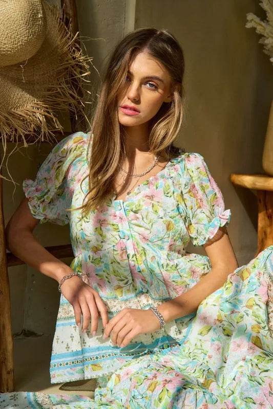 Davi & Dani Spring Floral Border Print Ruffled Textured Top - Shop Style & More | Fresh Looks, Everyday Deals & Free Shipping
