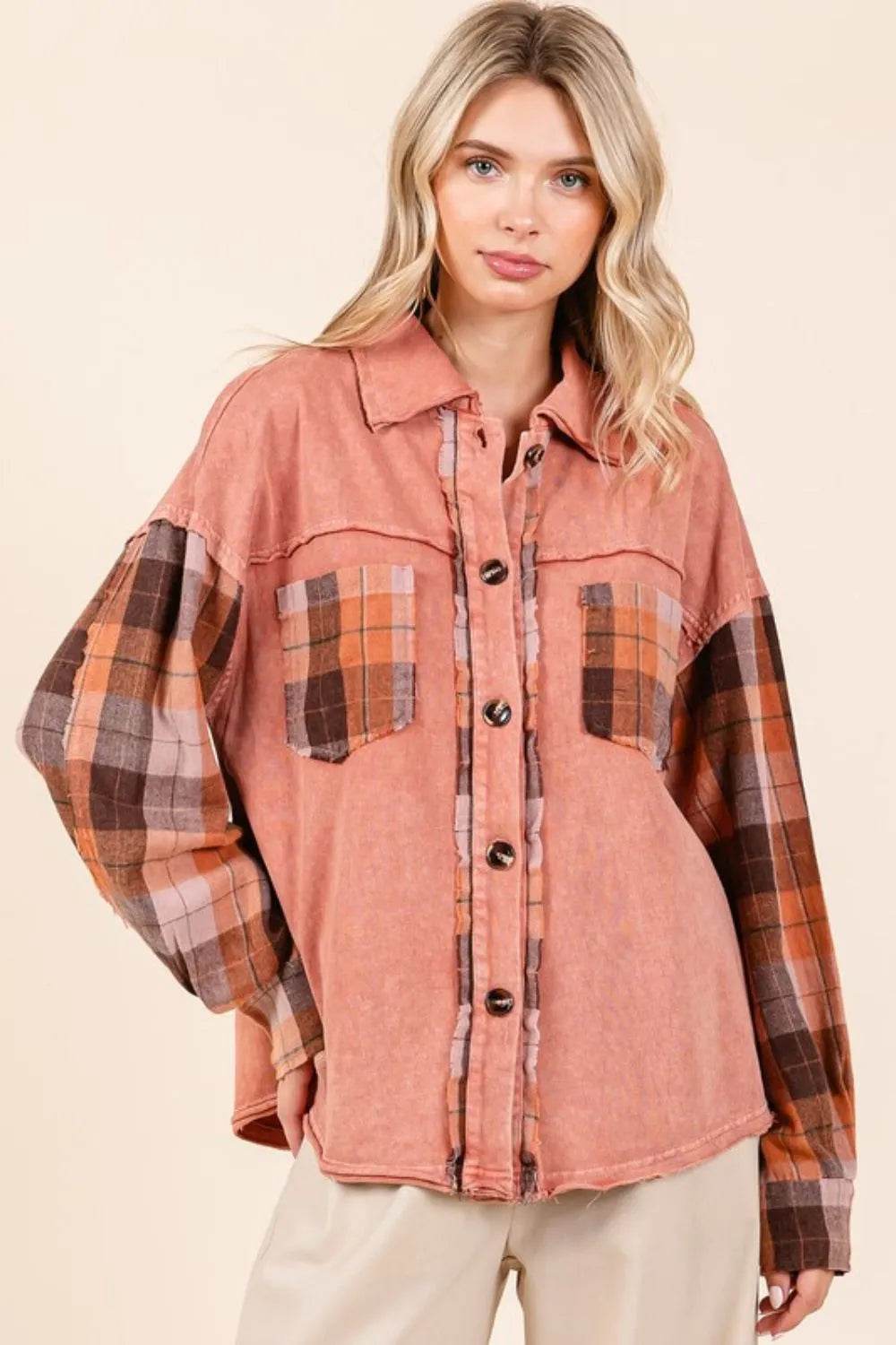 Mittoshop Button Down Contrast Plaid Patchwork Shacket - Shop Style & More | Fresh Looks, Everyday Deals & Free Shipping