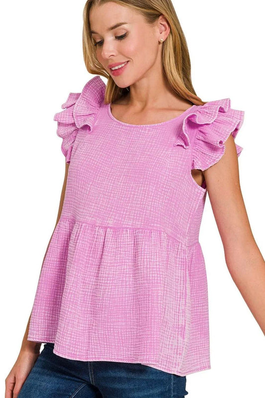 Zenana Double Gauze Acid Washed Tiered Ruffle Peplum Top - Shop Style & More | Fresh Looks, Everyday Deals & Free Shipping