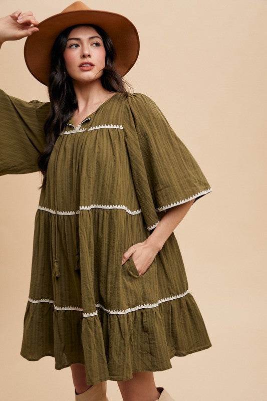 Annie Wear Tassel Contrast Trim Tie Neck Half Sleeve Tiered Dress - Shop Style & More | Fresh Looks, Everyday Deals & Free Shipping