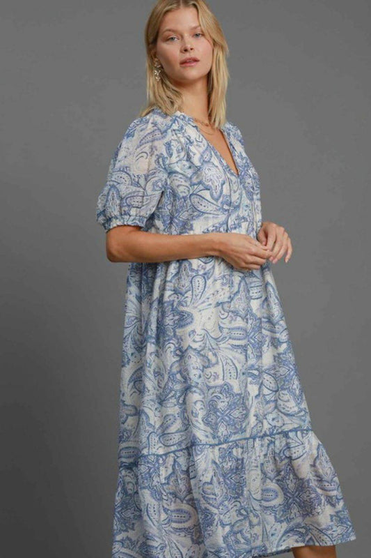 Umgee Full Size Printed Puff Short Sleeve Midi Dress Plus Size - Shop Style & More | Fresh Looks, Everyday Deals & Free Shipping