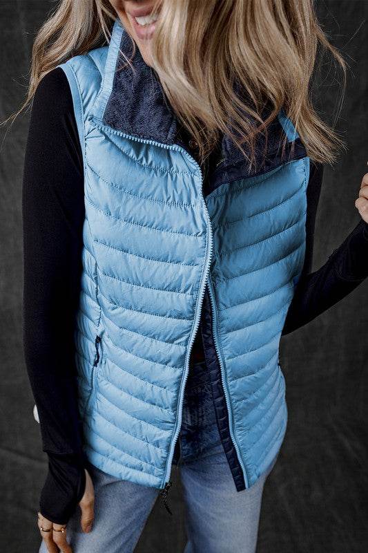 Sky Blue Plush Collared Quilted Zipped Puffer Vest - Shop Style & More | Fresh Looks, Everyday Deals & Free Shipping