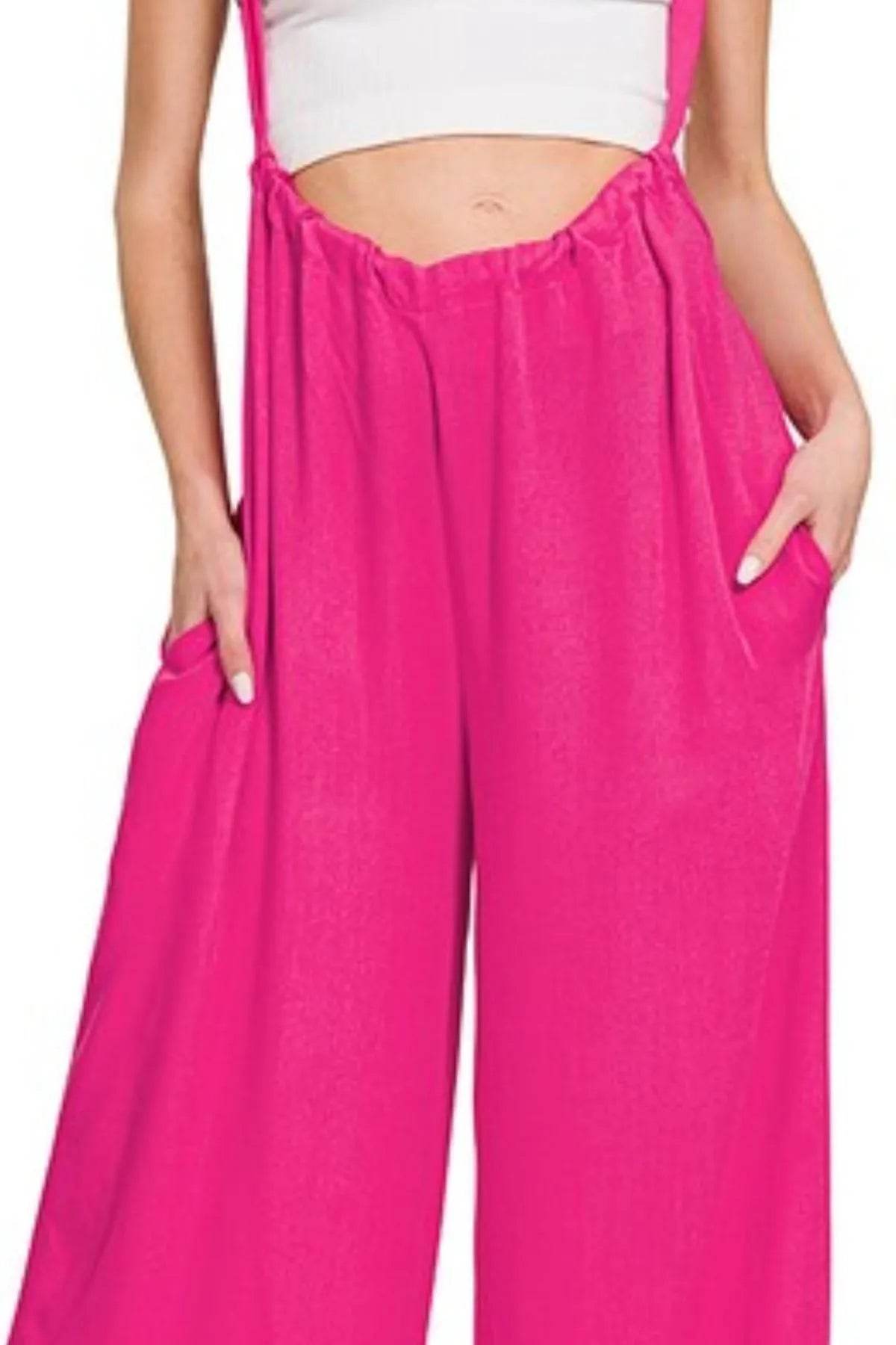Zenana Woven Tie Back Suspender Jumpsuit - Shop Style & More | Fresh Looks, Everyday Deals & Free Shipping