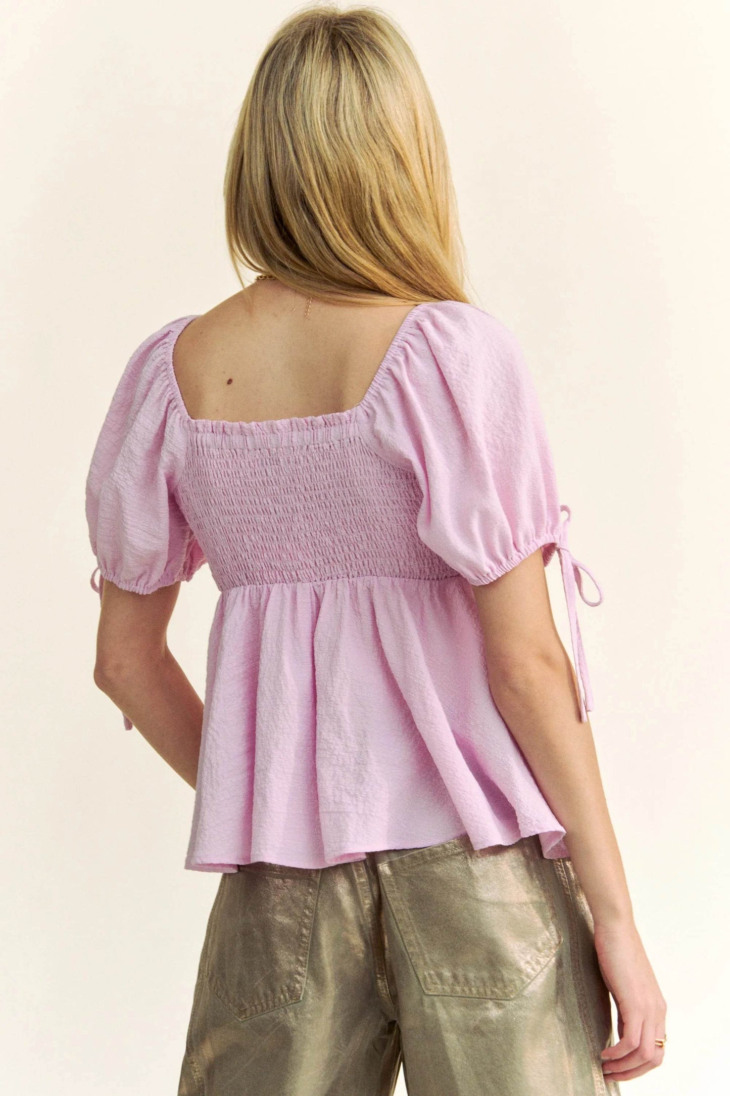 Davi & Dani Solid Elastic Peplum Puffed Sleeves Blouse - Shop Style & More | Fresh Looks, Everyday Deals & Free Shipping