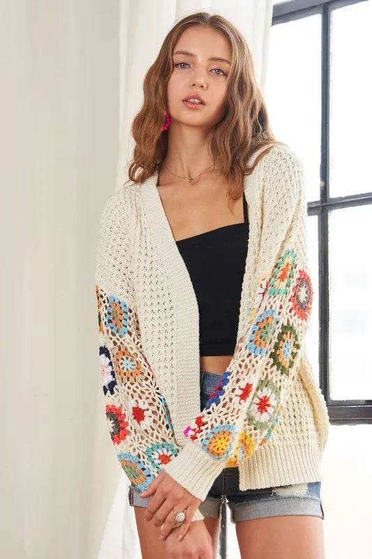 ADORA Full Size Contrast Crochet Open Front Long Sleeve Cardigan - Shop Style & More | Fresh Looks, Everyday Deals & Free Shipping