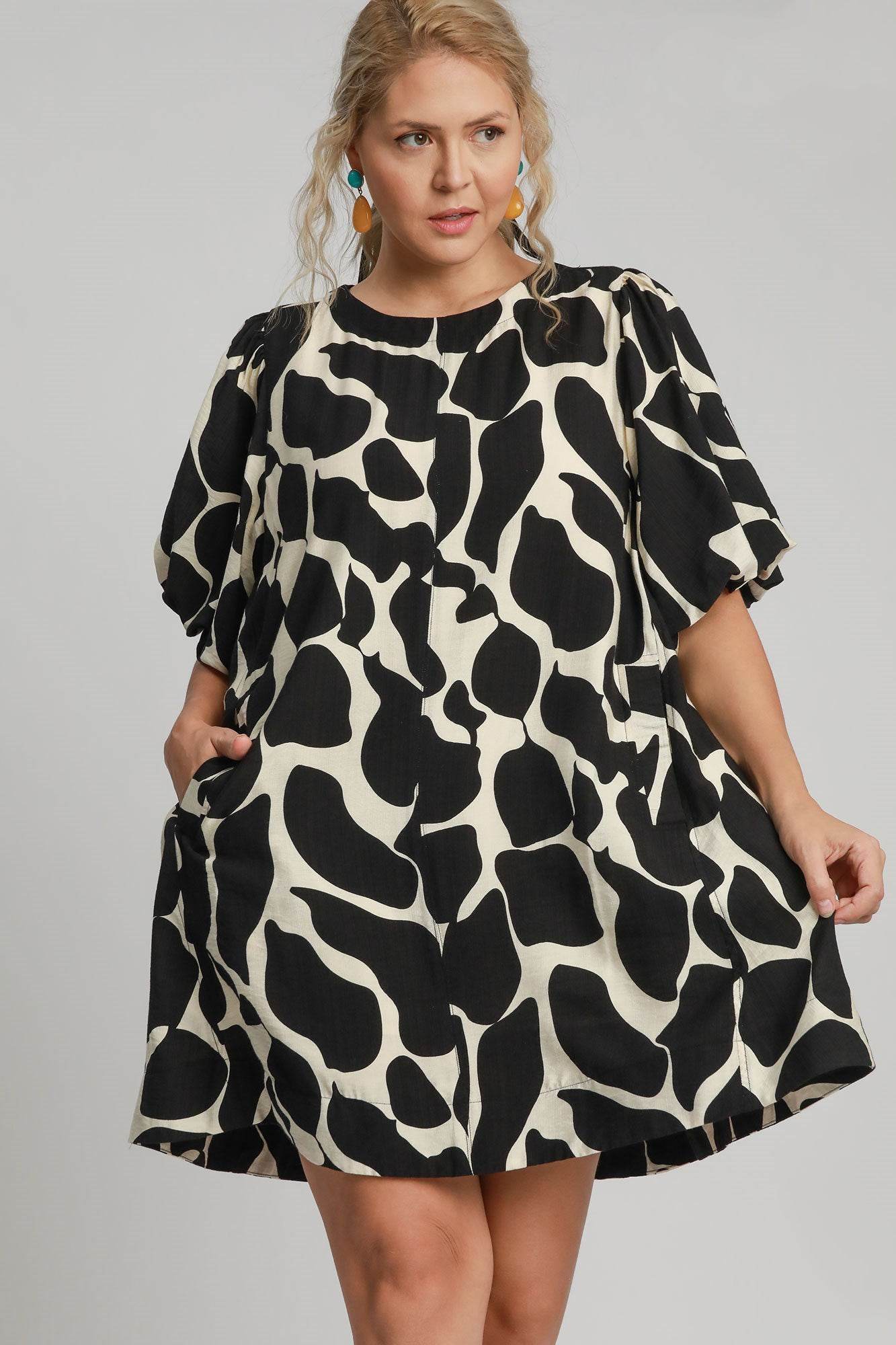 Umgee Full Size Two Tone Abstract Print Puff Sleeve Dress Plus Size - Shop Style & More | Fresh Looks, Everyday Deals & Free Shipping