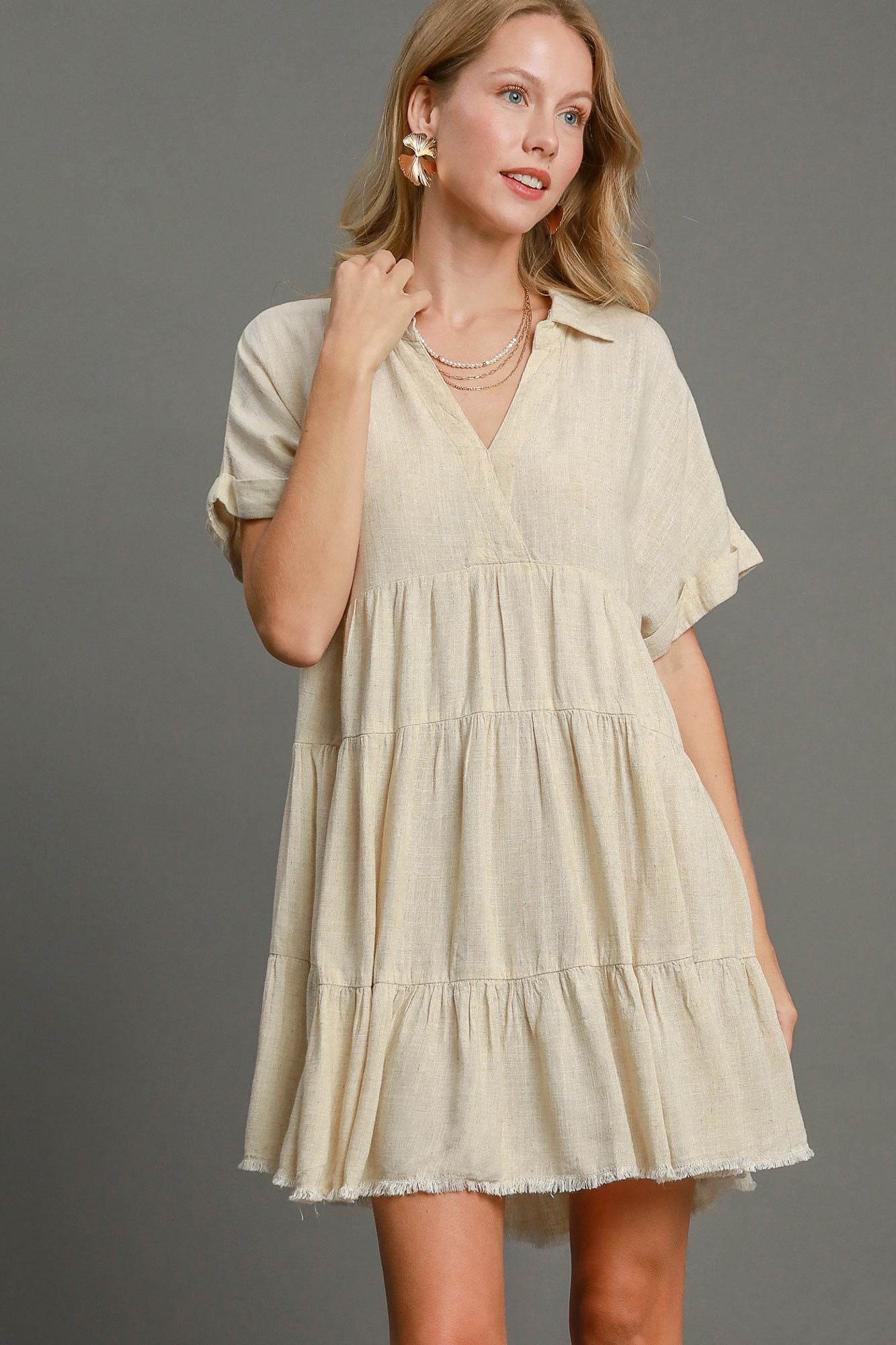 Umgee Full Size Raw Hem Folded Sleeve Tiered Dress Plus Size - Shop Style & More | Fresh Looks, Everyday Deals & Free Shipping