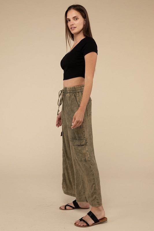 Washed Linen Elastic Band Waist Cargo Pants - Shop Style & More | Fresh Looks, Everyday Deals & Free Shipping