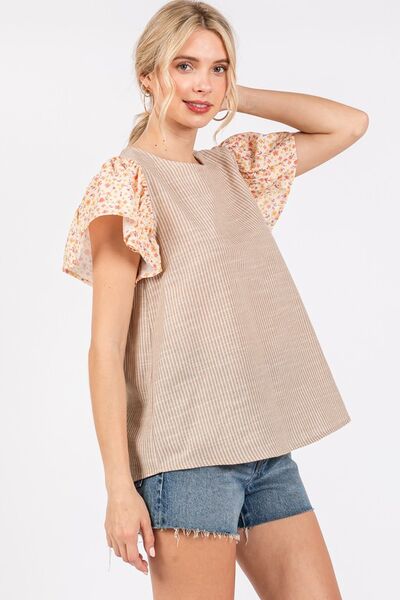 Ces Femme Round Neck Floral Short Sleeve Top Blouses