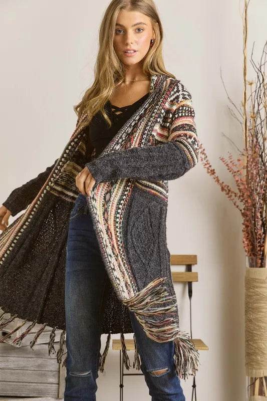 ADORA Full Size Fringe Hem Aztec Cardigan Plus Size - Shop Style & More | Fresh Looks, Everyday Deals & Free Shipping