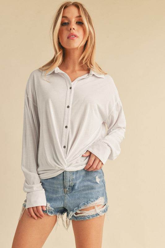 Aemi + Co Twisted Hemline Button Detail Collared Neck Top - Shop Style & More | Fresh Looks, Everyday Deals & Free Shipping