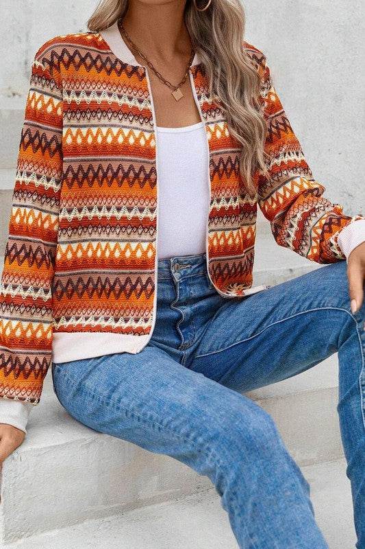 Orange Boho Striped Zip Up Long Sleeve Jacket - Shop Style & More | Fresh Looks, Everyday Deals & Free Shipping