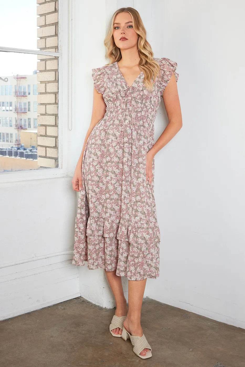 Mittoshop Flower Print Ruffle Cap Sleeve V-neck Midi Dress - Shop Style & More | Fresh Looks, Everyday Deals & Free Shipping