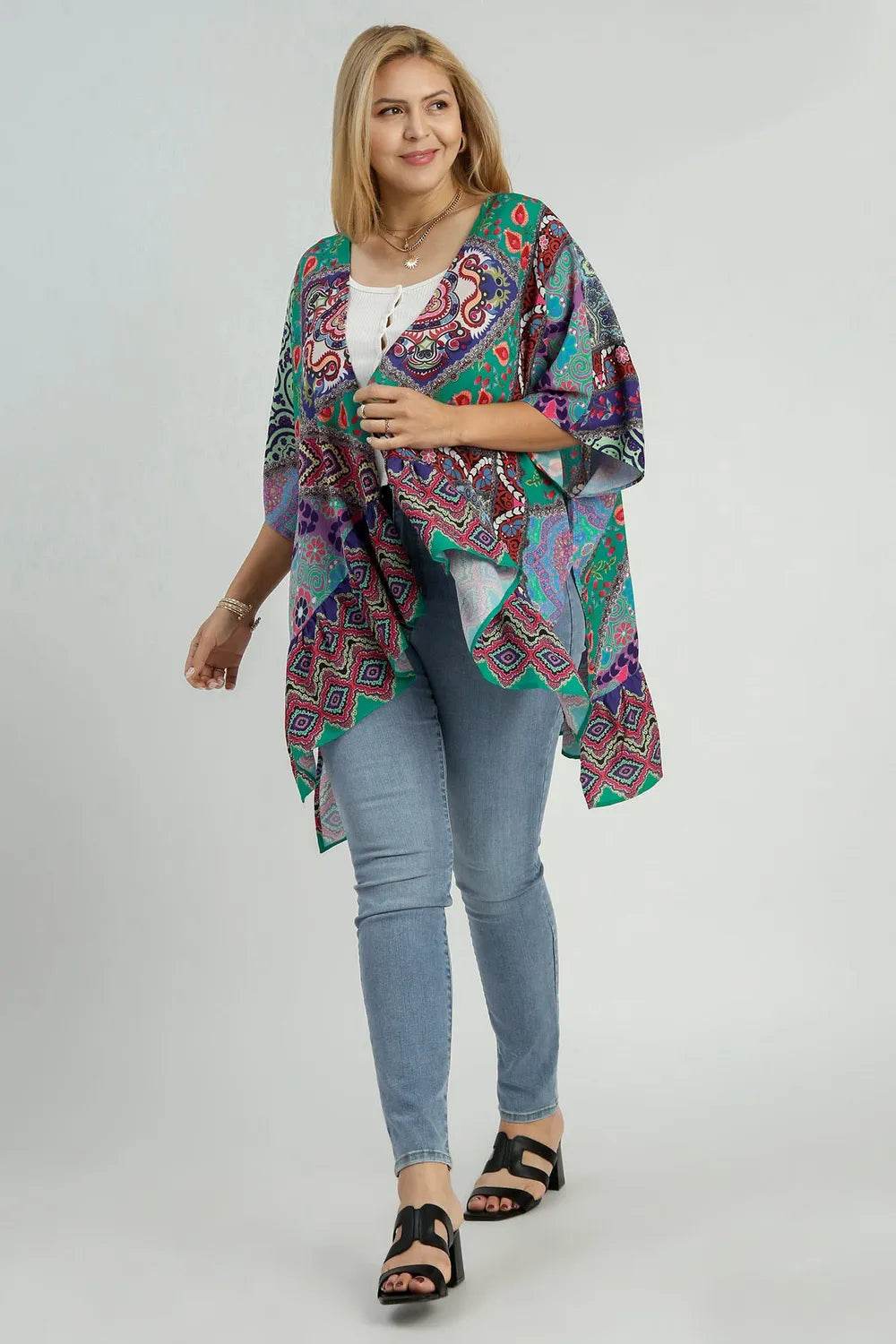 Umgee Full Size Mixed Print Ruffle Hem Open Front Cover Up Plus Size - Shop Style & More | Fresh Looks, Everyday Deals & Free Shipping