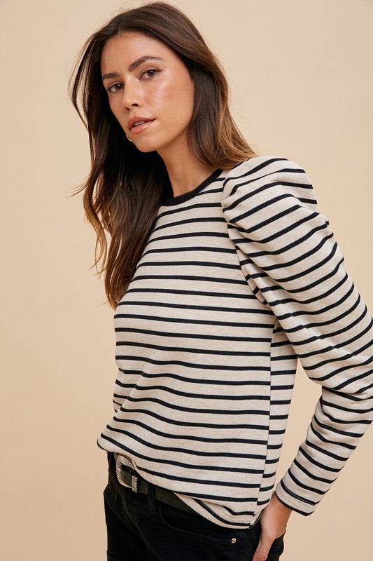 Annie Wear Striped Round Neck Puff Sleeve French Terry Top - Shop Style & More | Fresh Looks, Everyday Deals & Free Shipping