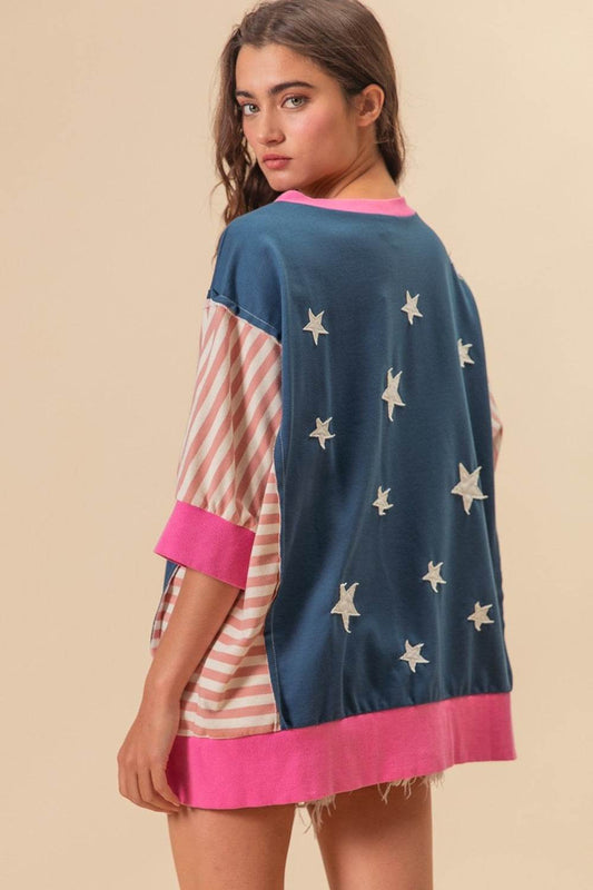 BiBi US Flag Theme Color Block Star Patch T-Shirt - Shop Style & More | Fresh Looks, Everyday Deals & Free Shipping