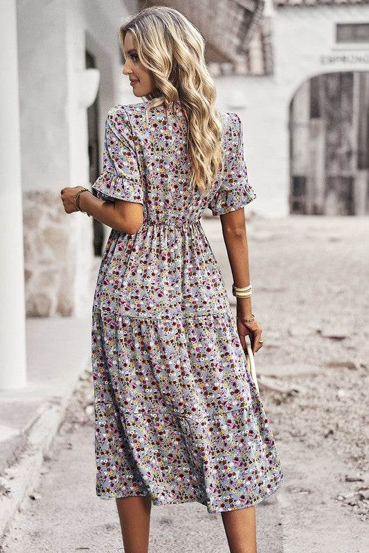 Boho Floral Ruffle Hem V Neck Short Sleeve Dress - Shop Style & More | Fresh Looks, Everyday Deals & Free Shipping