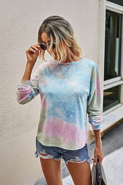 Round Neck Tie Dye Open Back Loose Sweatshirt - Shop Style & More | Fresh Looks, Everyday Deals & Free Shipping