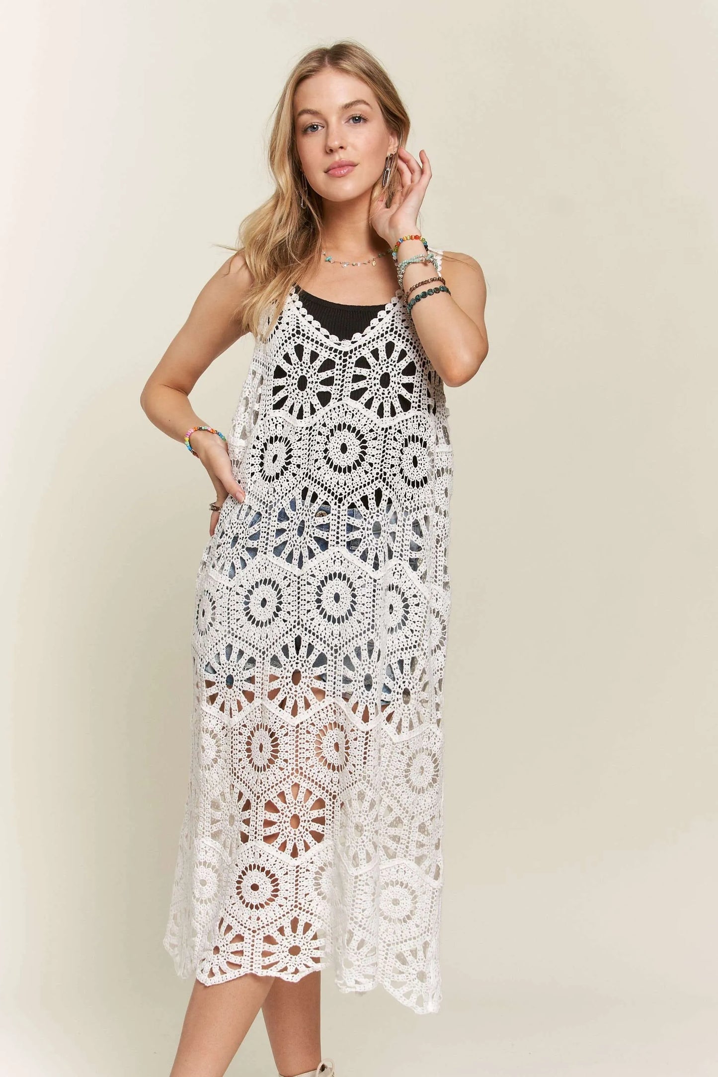 ADORA Crochet Cover-Up Tunic Top WHITE Women's Outerwear