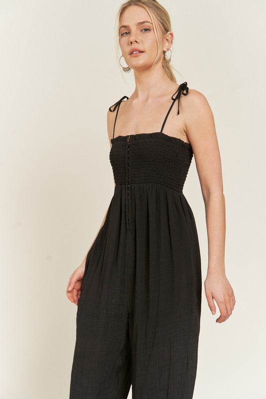 SMOCKED TIE STRAP JUMPSUIT - Shop Style & More | Fresh Looks, Everyday Deals & Free Shipping