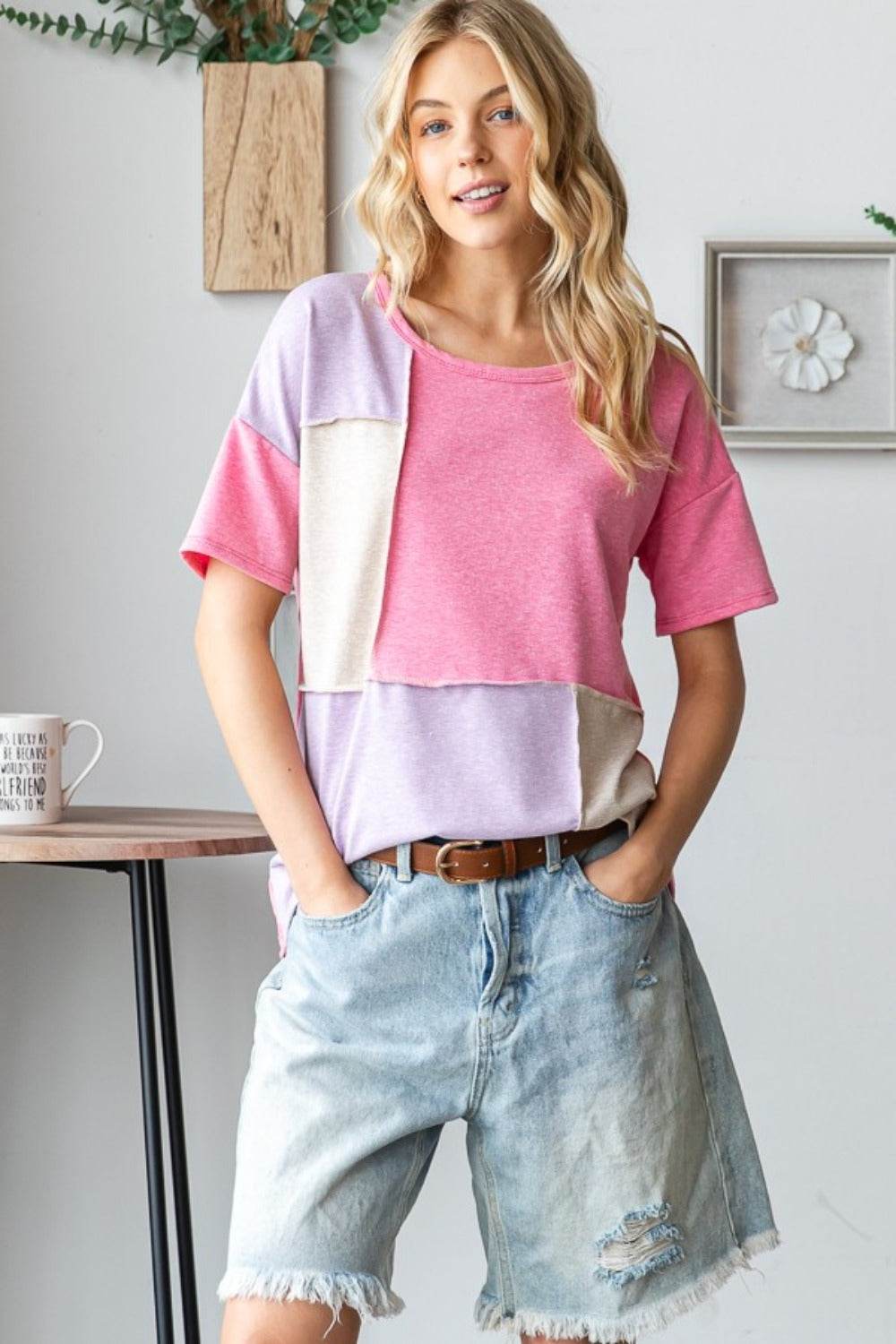 HOPELY Full Size Color Block Exposed Seam T-Shirt - Shop Style & More | Fresh Looks, Everyday Deals & Free Shipping