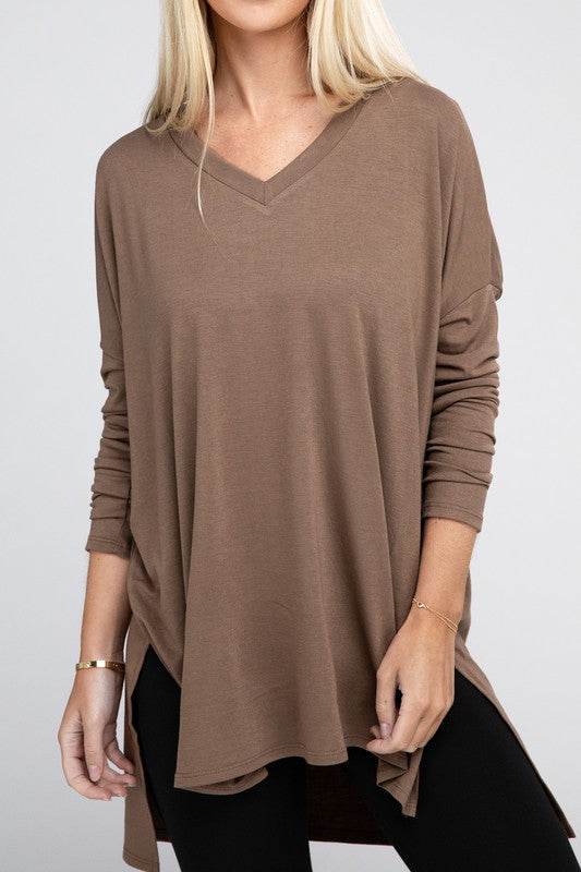 Dolman Long Sleeve V-Neck Side Slit Hi-Low Hem Top - Shop Style & More | Fresh Looks, Everyday Deals & Free Shipping
