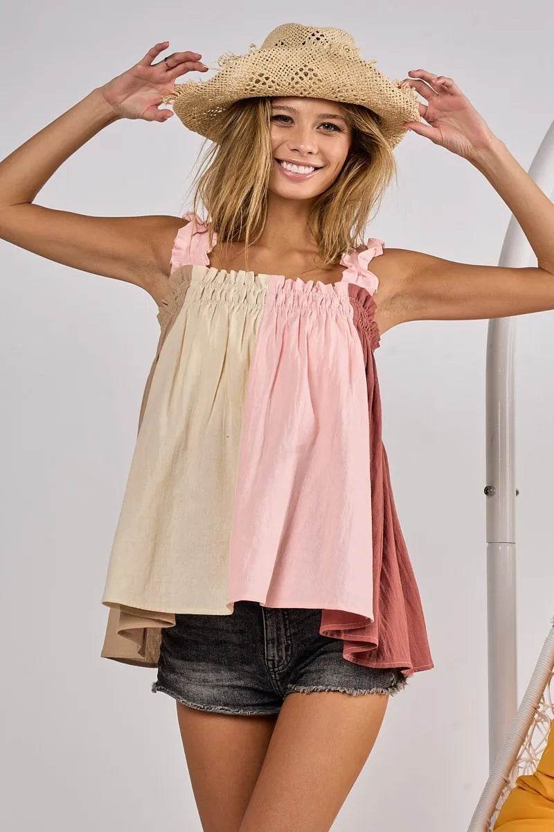 BiBi Frill Shoulder Strap Color Block Bodice Top - Shop Style & More | Fresh Looks, Everyday Deals & Free Shipping