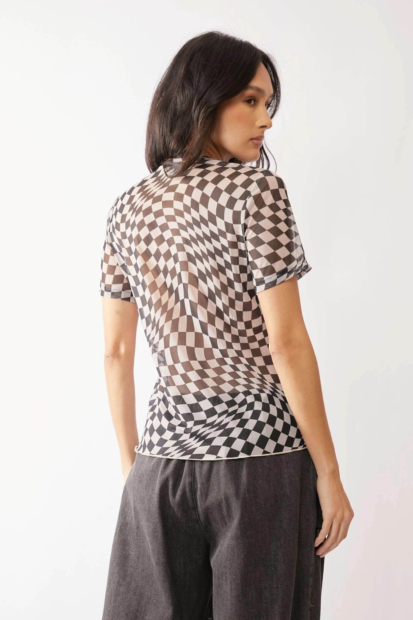 Davi & Dani Checker Board Printed Mesh Short Sleeve Top - Shop Style & More | Fresh Looks, Everyday Deals & Free Shipping