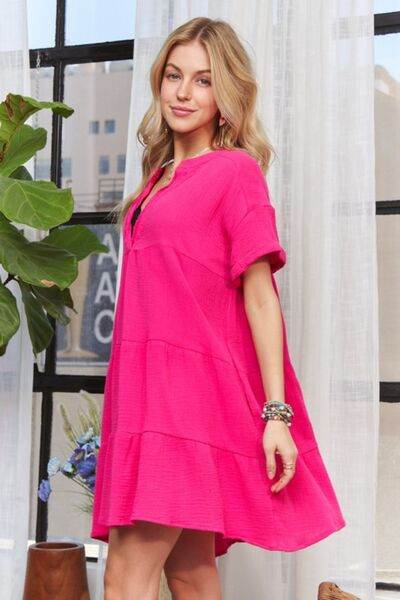 ADORA Tiered Notched Short Sleeve Dress - Shop Style & More | Fresh Looks, Everyday Deals & Free Shipping