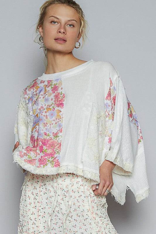 POL Floral Lace Patch Round Neck Double Gauze Top - Shop Style & More | Fresh Looks, Everyday Deals & Free Shipping