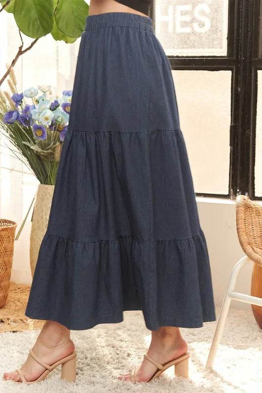 ADORA Waist Band Tiered Denim Maxi Skirt - Shop Style & More | Fresh Looks, Everyday Deals & Free Shipping