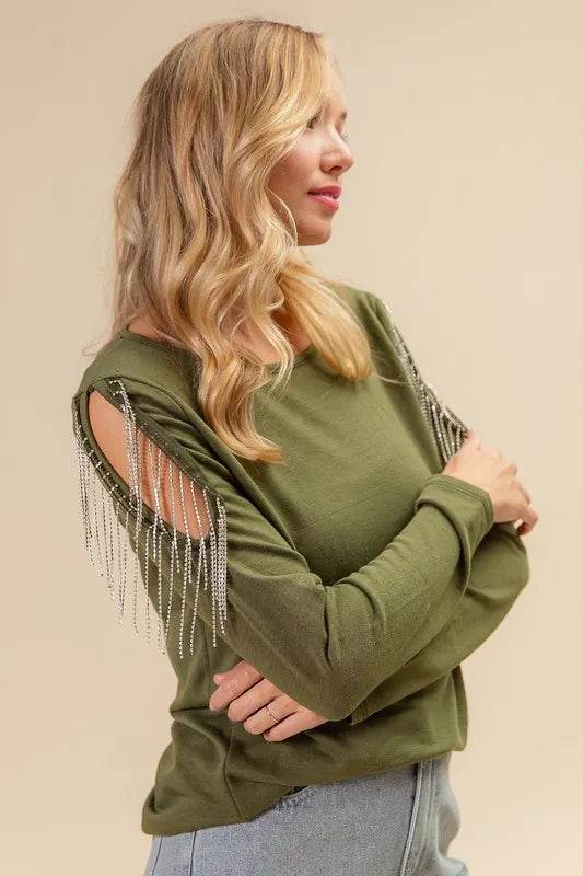 BiBi French Terry Cold Shoulder Ringstone Fringe Top - Shop Style & More | Fresh Looks, Everyday Deals & Free Shipping