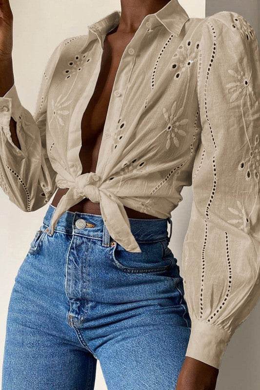 Hollow Out Solid Button Puff Sleeves Blouse - Shop Style & More | Fresh Looks, Everyday Deals & Free Shipping